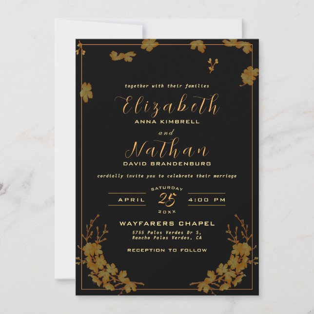 Invitación Moderno y elegante Boda floral negro y dorado (Anverso)