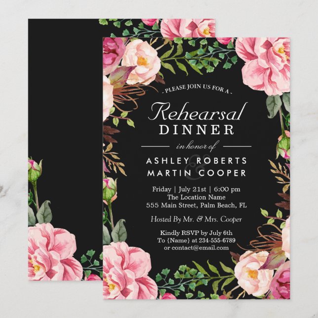 Invitación Moderno y elegante Boda floral rosa para la cena (Anverso / Reverso)