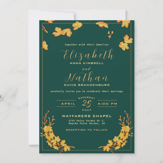 Invitación Moderno y elegante Boda floral verde esmeralda y d (Anverso)