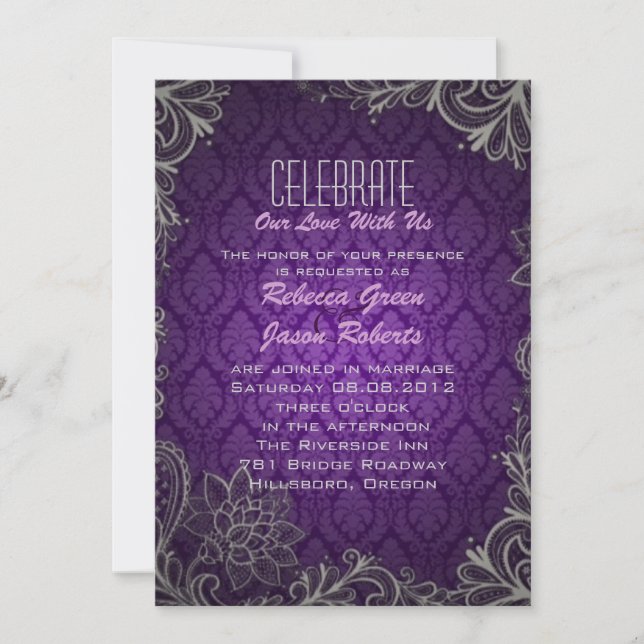 Invitación moderno y elegante boda púrpura de damasco (Anverso)