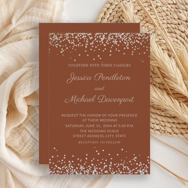 Invitación Moderno y elegante Boda Purpurina de Terracota Gol (Terracotta wedding invitation with elegant script)