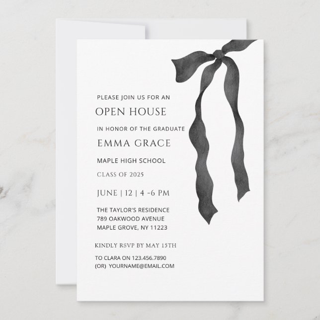 Invitación Moderno y elegante Bow Minimal Open house Graduaci (Anverso)
