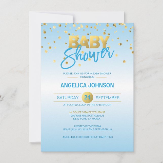 Invitación Moderno y elegante caja de oro azul Baby Shower (Anverso)