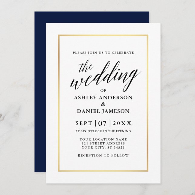 Invitación Moderno y elegante caligrafía Boda Oro Azul (Anverso / Reverso)