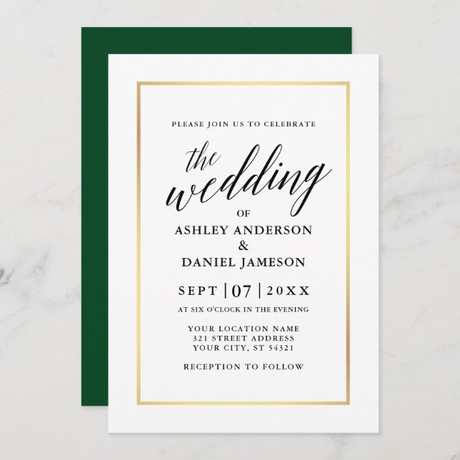 Invitación Moderno y elegante caligrafía Boda Oro Verde (Anverso / Reverso)