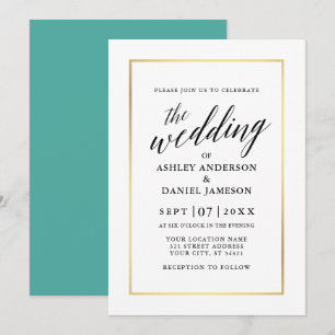 Invitación Moderno y elegante caligrafía Boda oro Verde azula
