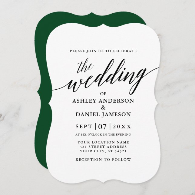 Invitación Moderno y elegante caligrafía Boda Verde (Anverso / Reverso)