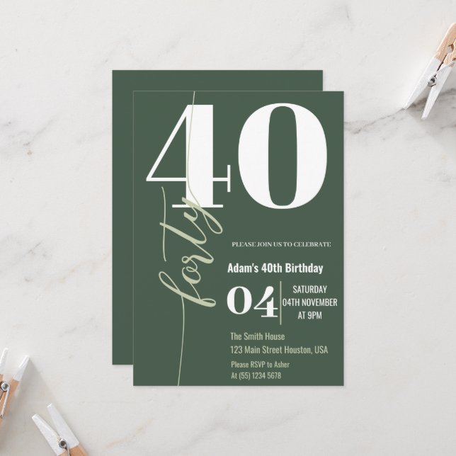 Invitación Moderno y elegante caligrafía CUARENTA CUARENTA 40 (Anverso/Reverso In Situ)