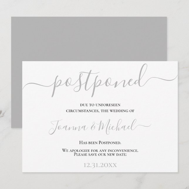 Invitación Moderno y elegante cambio de planes pospuso Boda (Anverso / Reverso)