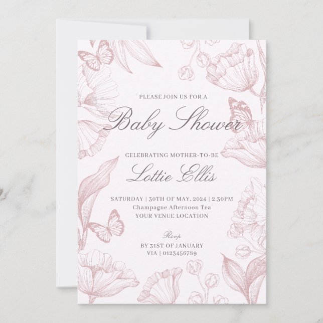 Invitación Moderno y elegante Chica de Boho rosa floral Baby  (Anverso)
