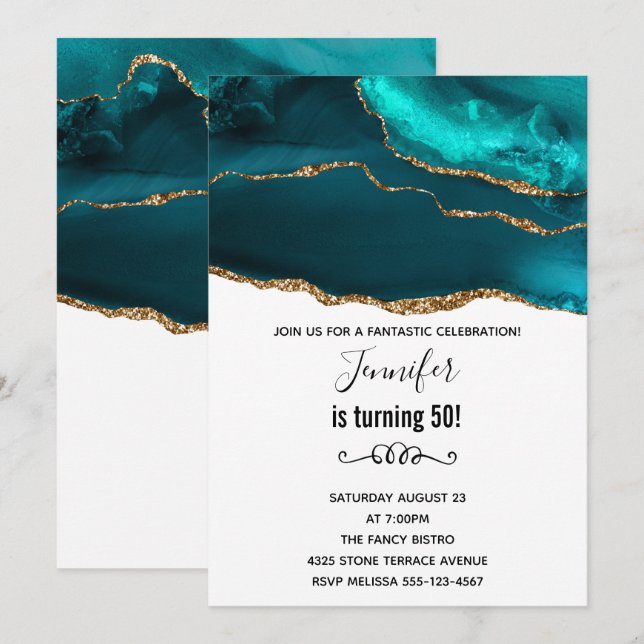 Invitación Moderno y elegante cumpleaños Verde azulado Gold & (Anverso / Reverso)
