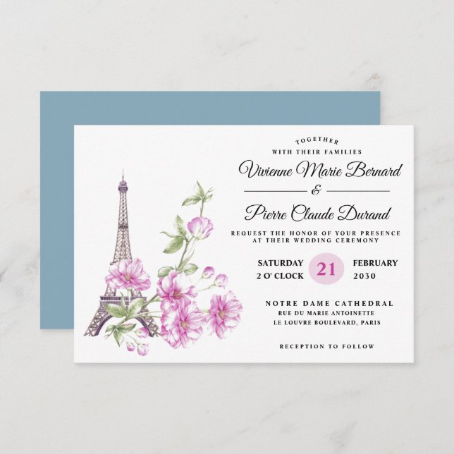 Invitación Moderno y elegante destino floral Torre Eiffel (Anverso / Reverso)