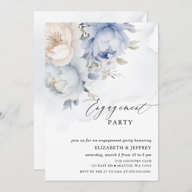 Invitación Moderno y elegante Dusty Blue Floral Engagement Pa (Anverso / Reverso)