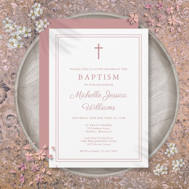 Invitación Moderno y elegante embelesamiento Rosa de borde ro (Modern Elegant Dusty Rose Pink Border Baptism Invitation)