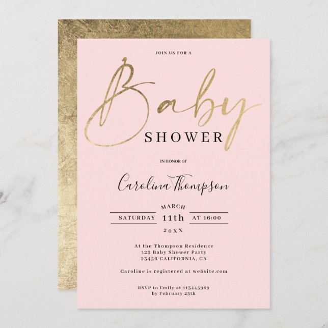 Invitación Moderno y elegante escritura dorada rosa fuente de (Anverso / Reverso)