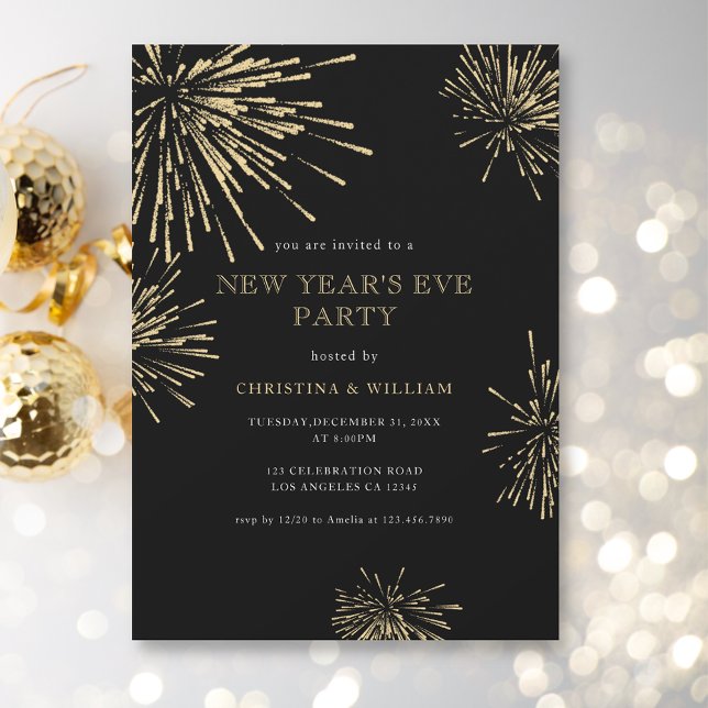 Invitación Moderno y elegante Fiesta de Nochevieja de Oro Neg (Subido por el creador)