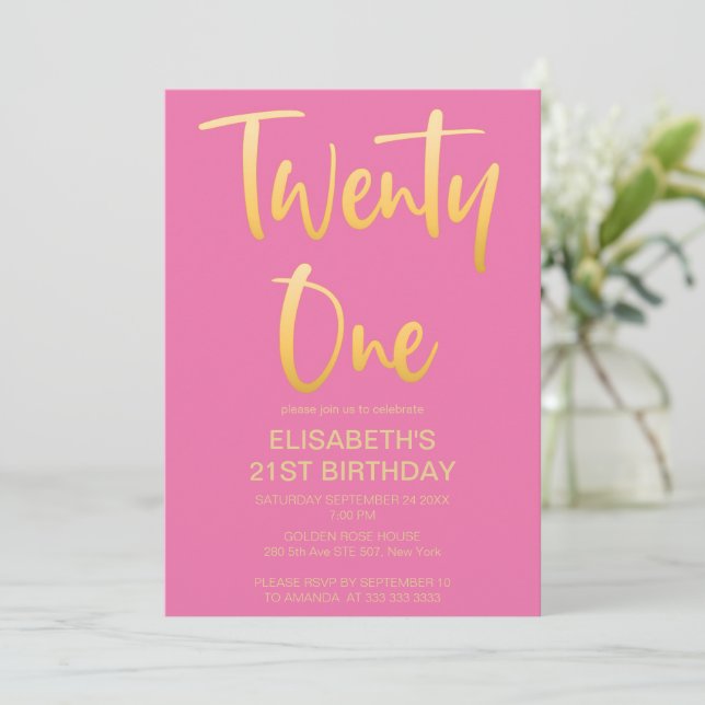 Invitación Moderno y elegante Fiesta Rosa 21º cumpleaños (Anverso de pie)