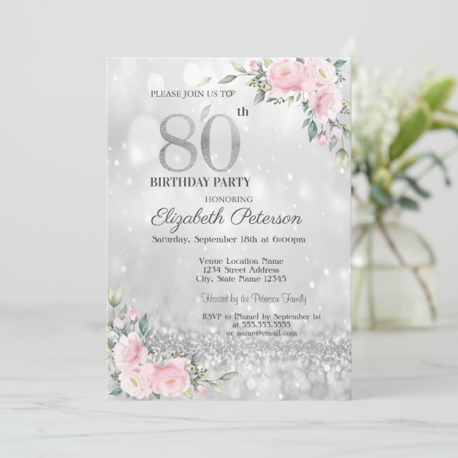Invitación Moderno y elegante Floral de Bokeh Silver 80º cump (Anverso de pie)