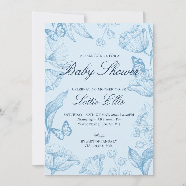 Invitación Moderno y elegante Floral Sky Blue Boy Baby Shower (Anverso)