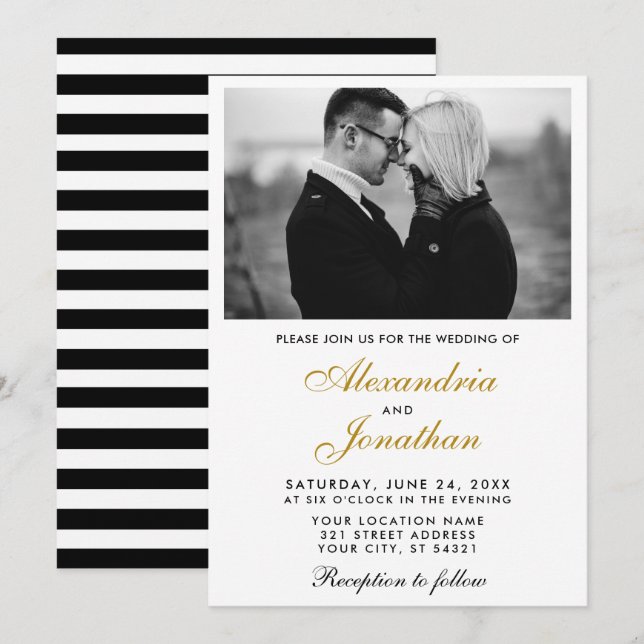 Invitación Moderno y elegante foto a rayas Boda Gold BW (Anverso / Reverso)
