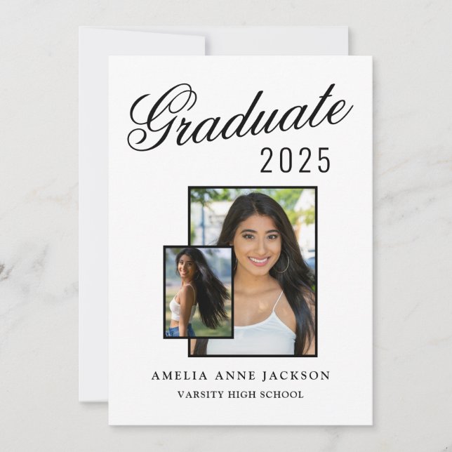 Invitación Moderno y elegante foto de graduado 2025 en blanco (Anverso)