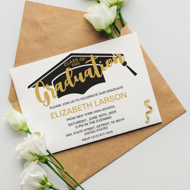 Invitación Moderno y elegante graduación de oro negro dorado (Subido por el creador)