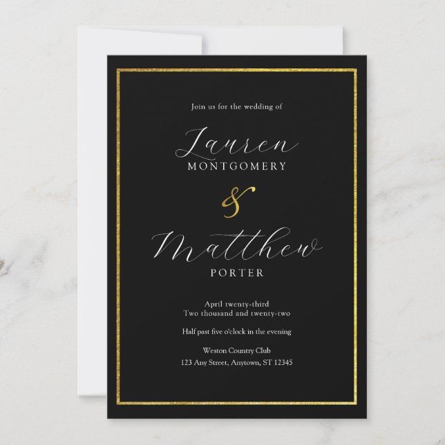 Invitación Moderno y elegante guión negro y Boda dorado (Anverso)