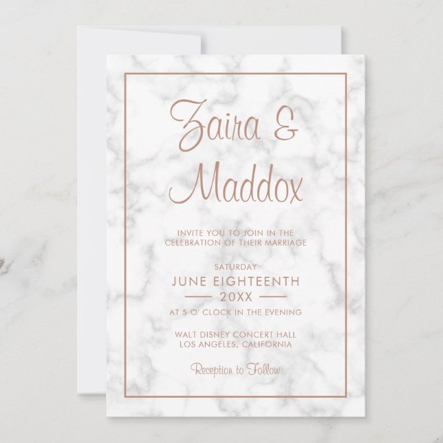 Invitación Moderno y elegante guión Rosa Boda de mármol oro (Anverso)