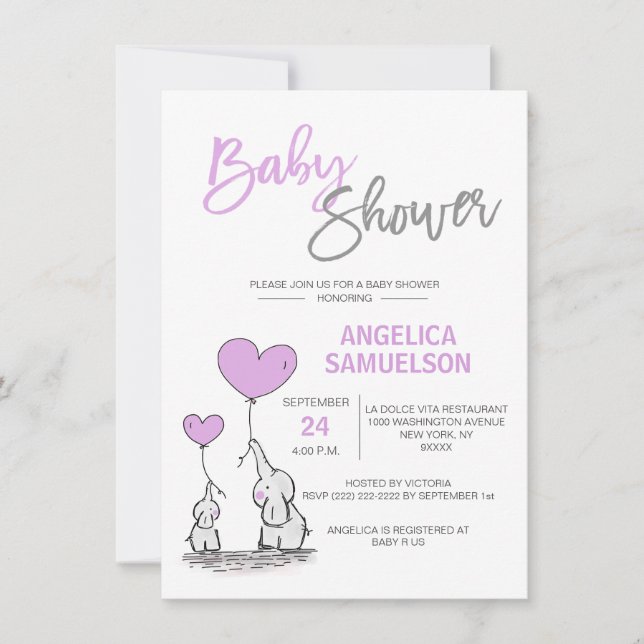 Invitación Moderno y elegante LAVENDER, mamá elefante y Baby  (Anverso)