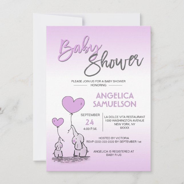 Invitación Moderno y elegante LAVENDER, mamá elefante y Baby  (Anverso)