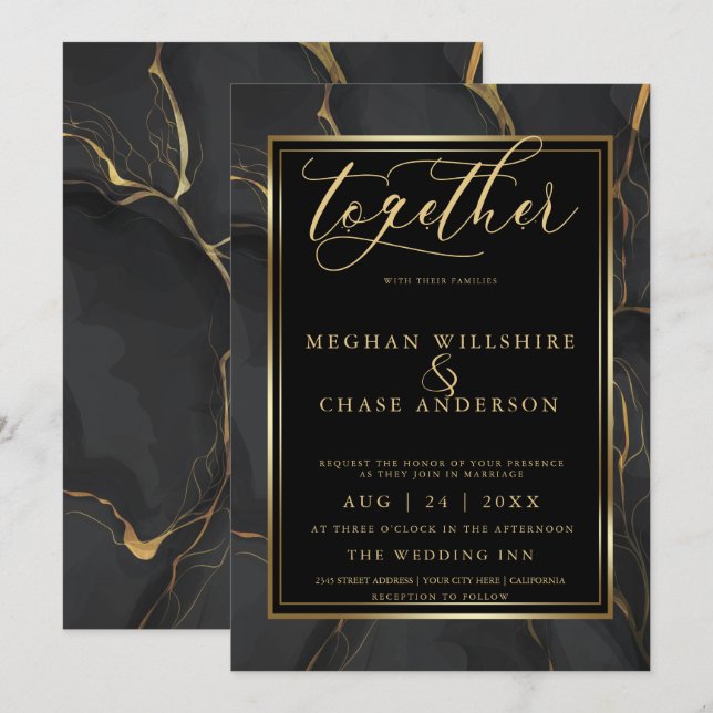 Invitación Moderno y elegante mármol dorado negro descalzoBri (Anverso / Reverso)