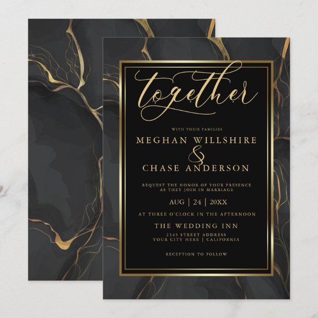 Invitación Moderno y elegante mármol dorado negro descalzoBri (Anverso / Reverso)