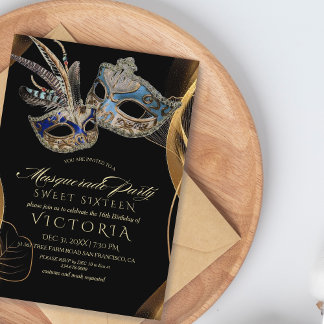 Invitación Moderno y elegante Mascarada de Oro Negro 16º cump