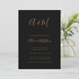 Invitación Moderno y elegante Monograma Boda de oro negro