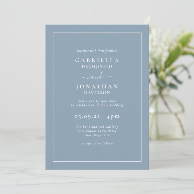 Invitación Moderno y elegante Monograma Dusty Blue Boda (Anverso de pie)