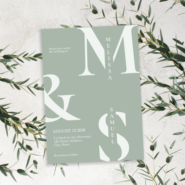 Invitación Moderno y elegante Monograma Sage Green Boda (Modern Elegant Monogram Sage Green Wedding Invitation)