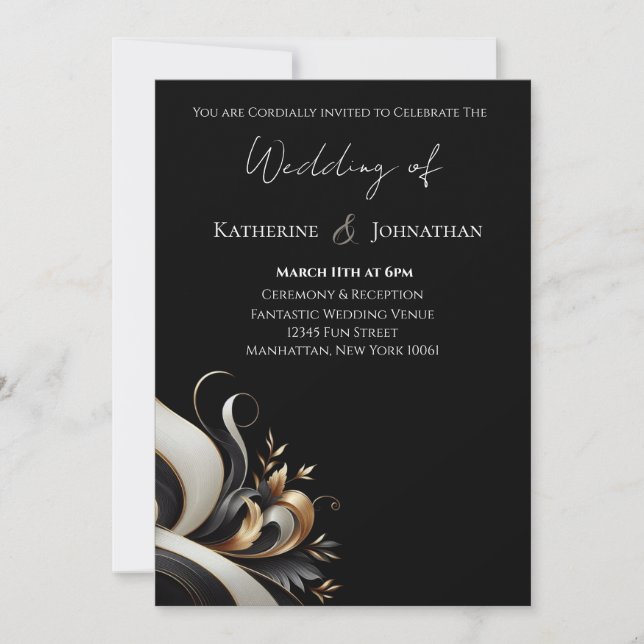 Invitación Moderno y elegante negro y oro (Anverso)