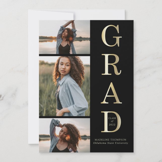 Invitación Moderno y elegante Oro Negro 3 Graduación de fotos (Anverso)