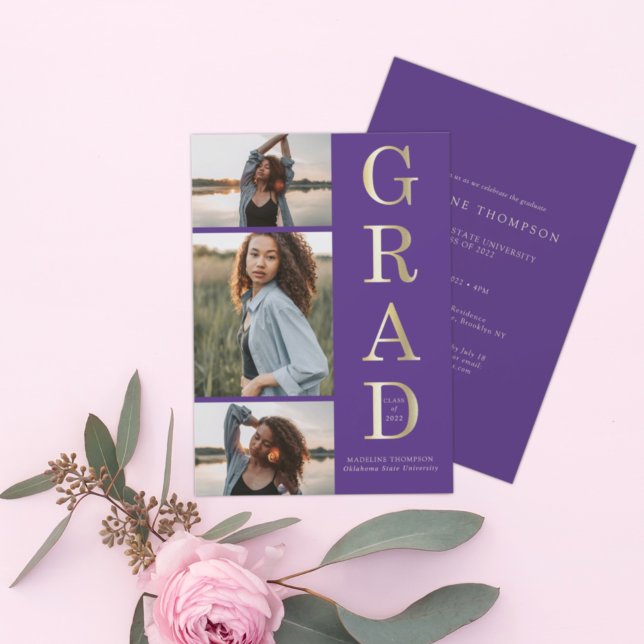 Invitación Moderno y elegante Oro Púrpura 3 Graduación de fot (Subido por el creador)