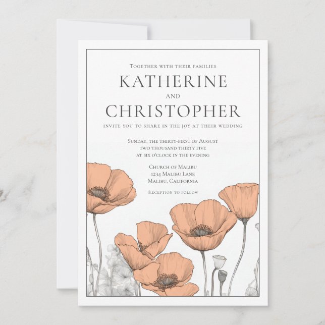 Invitación Moderno y elegante Peach Formal Poppies Floral Bod (Anverso)