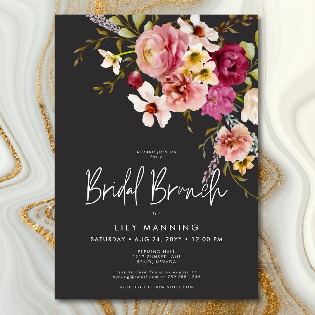 Invitación Moderno y elegante pradera Floral Black Bridal Bru (Modern Elegant Meadow Floral Black Bridal Brunch Invitation)