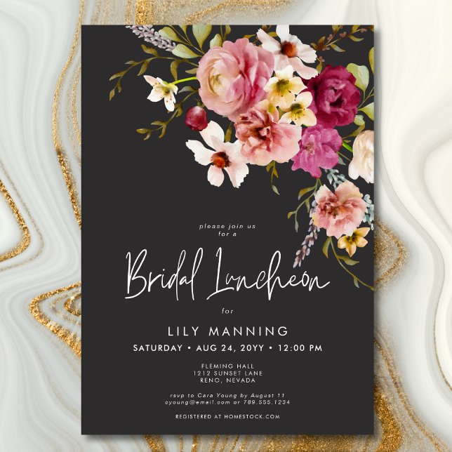 Invitación Moderno y elegante pradera floral negro de novia a (Modern Elegant Meadow Floral Black Bridal Luncheon Invitation)