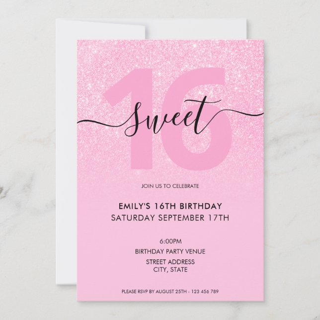 Invitación Moderno y elegante Purpurina rosa Rubor Sweet 16 (Anverso)