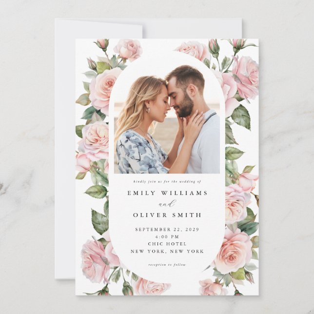 Invitación Moderno y elegante Rosa de Rubor Boda de fotografí (Anverso)