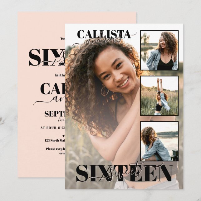 Invitación Moderno y elegante rosa negro 4 foto dulce 16 (Anverso / Reverso)