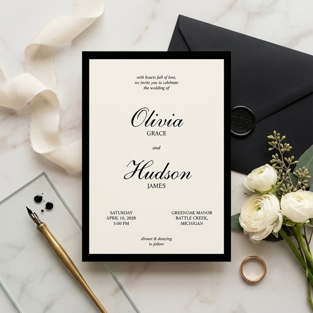 Invitación Moderno y Elegante Script de Boda con Borde Negro (Elegant Wedding Invitation)
