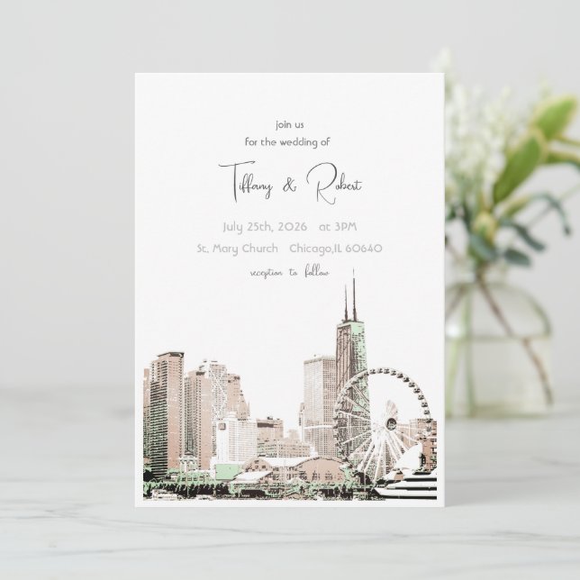 Invitación Moderno y elegante Skyline Chicago (Anverso de pie)