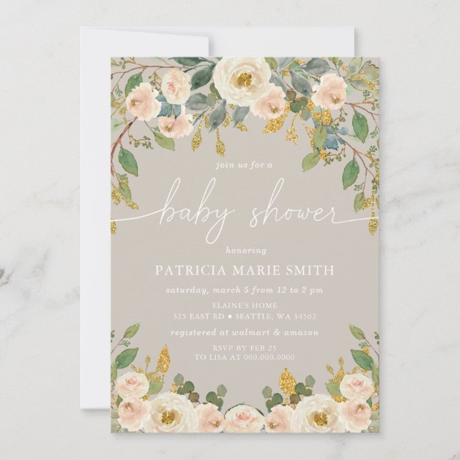 Invitación Moderno y elegante Taupe Peach Floral Baby Shower (Anverso)