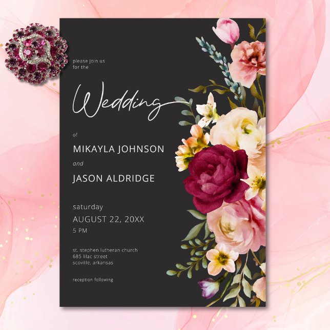 Invitación Moderno y elegante verano pradera floral Boda negr (Modern Elegant Summer Meadow Floral Black Wedding Invitation)