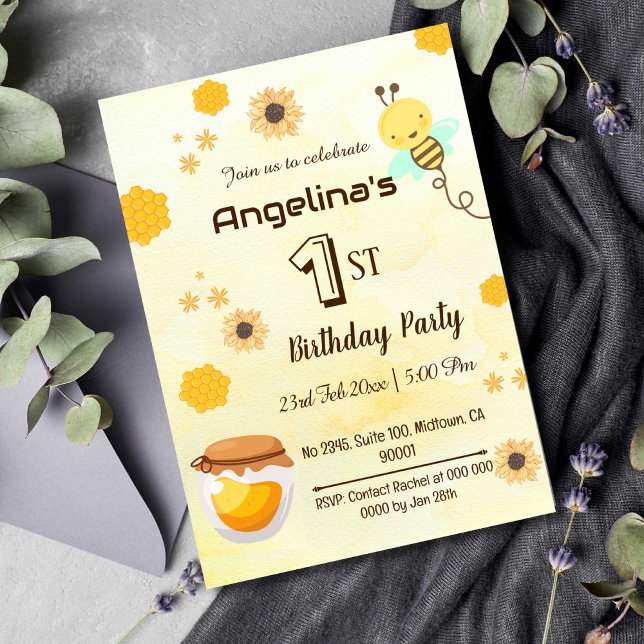 Invitación Moderno y lindo bebe de primer cumpleaños amarillo (Subido por el creador)